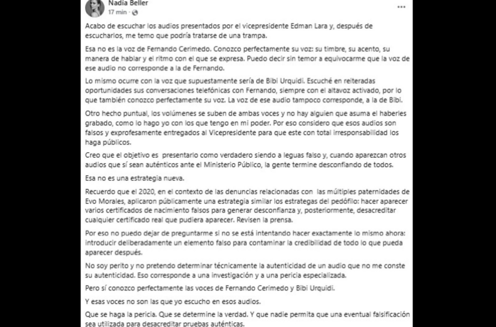 Nadia Beller pone en duda la veracidad de audios presentados por Edman Lara