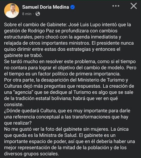 Doria Medina señala que cambios ministeriales evidencian desorientación en el Gobierno