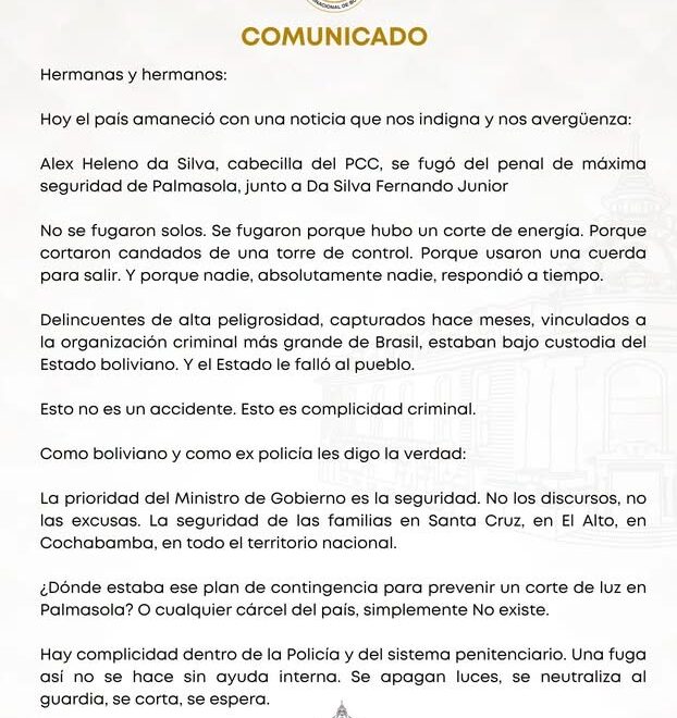 Lara denuncia posible complicidad en fuga de reos del PCC y pide sanciones para los implicados
