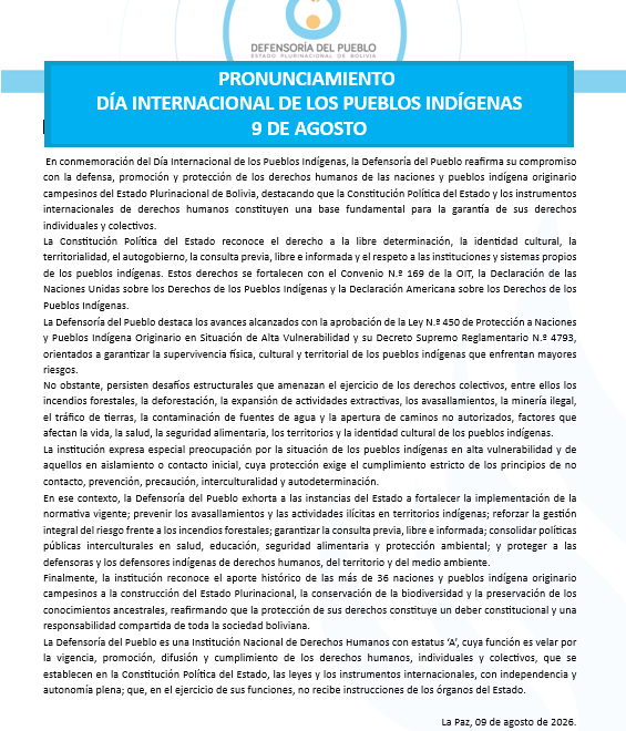 La Defensoría del Pueblo reitera su apoyo a los derechos de los pueblos indígenas en su día