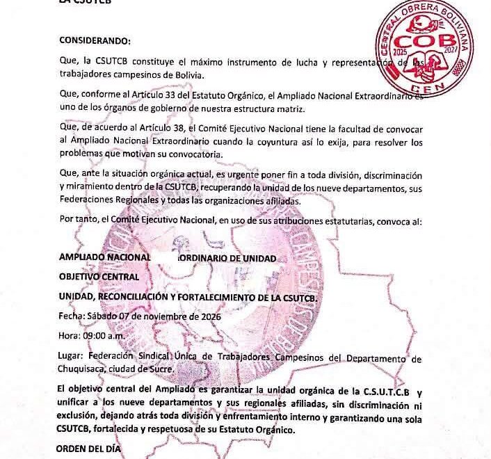 CSUTCB Convoca Ampliado Nacional para Reestablecer la Unidad Campesina