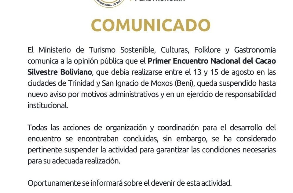 Se suspende el Primer Encuentro Nacional del Cacao Silvestre en Bolivia
