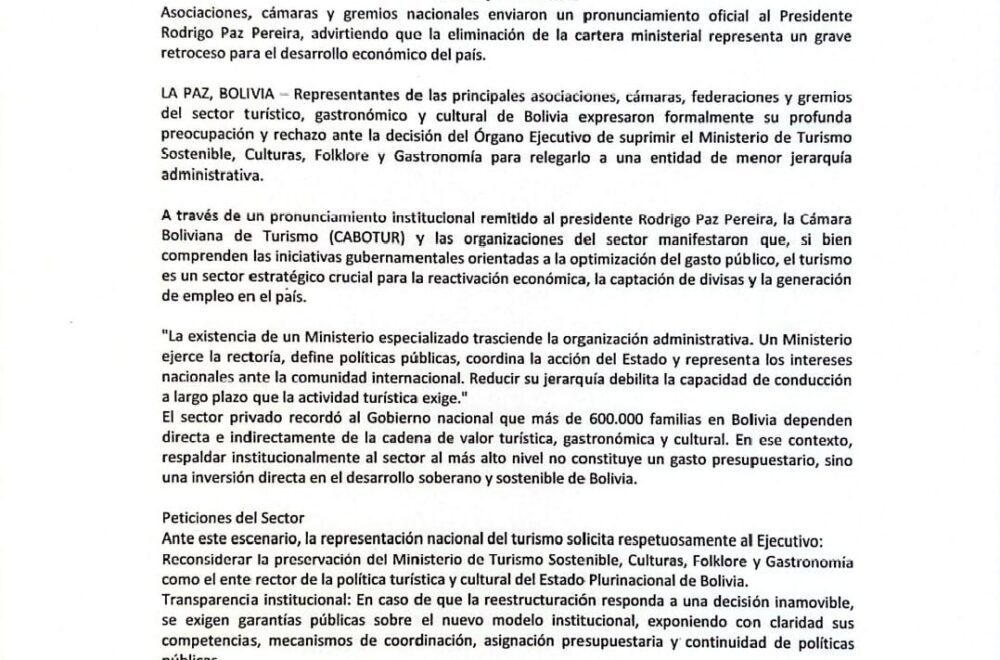 Organizaciones culturales y turísticas claman por la permanencia del Ministerio de Turismo