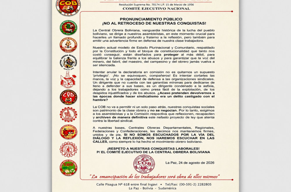COB advierte sobre posibles movilizaciones en defensa de conquistas laborales
