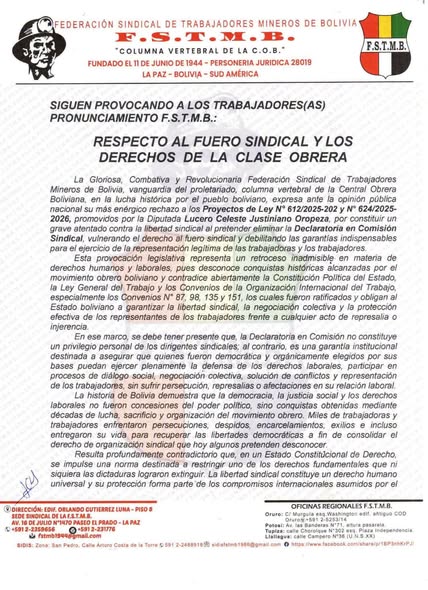Mineros alzan la voz contra iniciativas legislativas que atentan la libertad sindical
