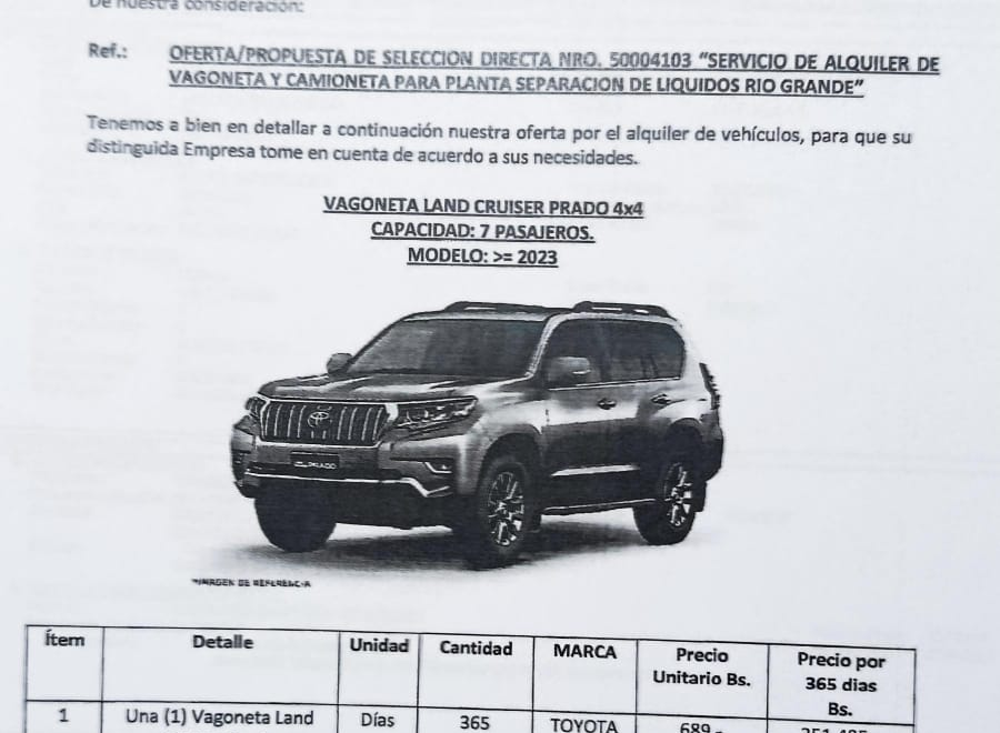 YPFB ASIGNA CERCA DE Bs 300 MIL ANUALES PARA ALQUILER DE VAGONETA EN RÍO GRANDE
