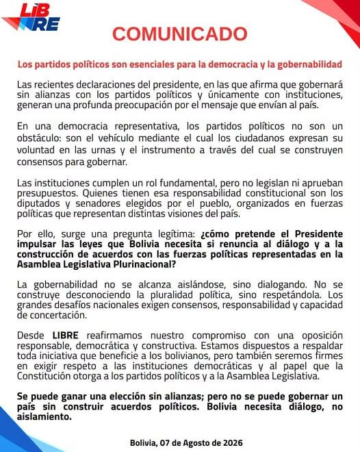 La alianza LIBRE critica la postura de Rodrigo Paz sobre los acuerdos políticos