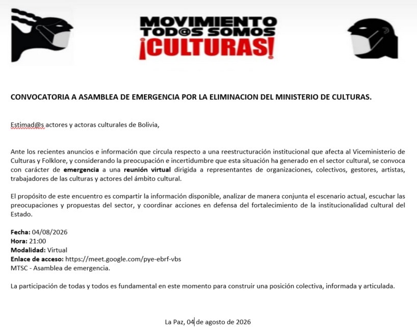 Asamblea de emergencia en el sector cultural tras la disolución del Ministerio de Culturas