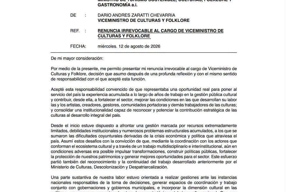 Renuncia del Viceministro de Culturas por Desacuerdos con el Gobierno