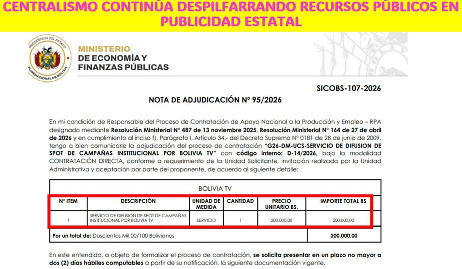 Ministerio de Economía asigna Bs 200 mil a Bolivia TV para publicidad institucional