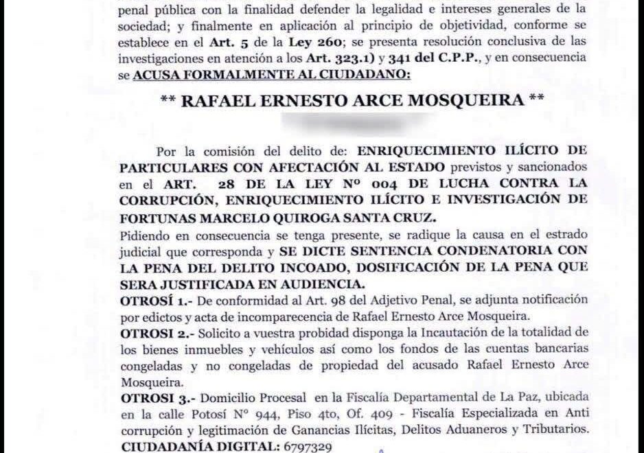 Acusación formal contra Rafael Arce Mosqueira por presunto enriquecimiento ilícito