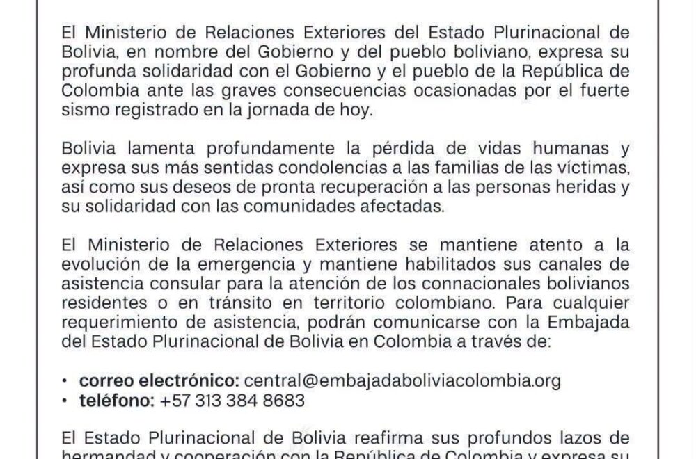 Bolivia solidariza con Colombia tras devastador sismo y activa asistencia consular