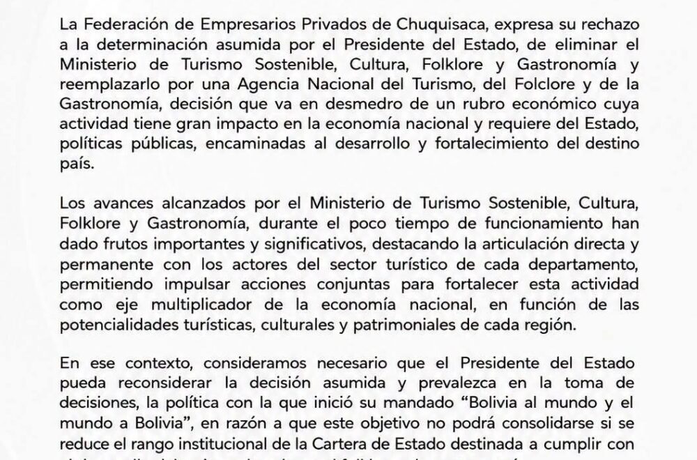 Rechazo de empresarios en Chuquisaca a la desaparición del Ministerio de Turismo
