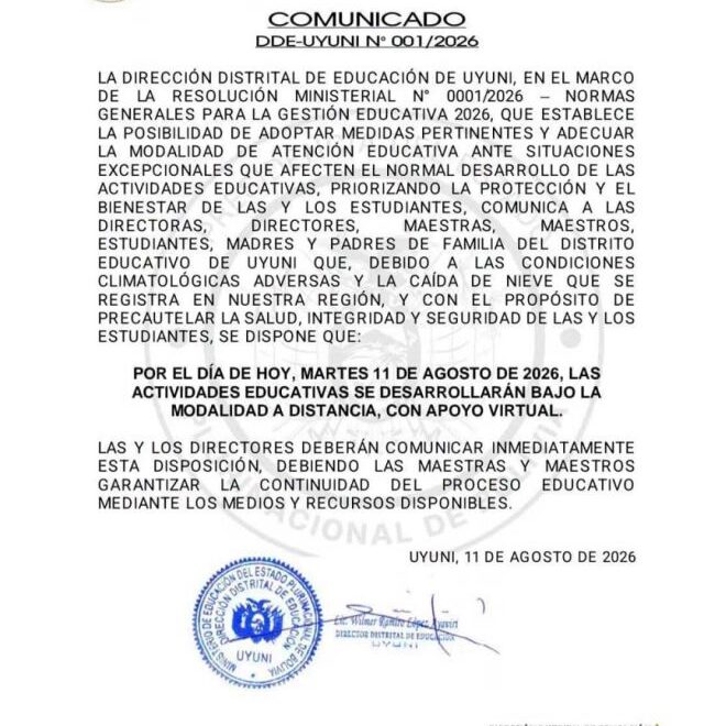 Clases virtuales en Uyuni por nevadas y descenso de temperaturas