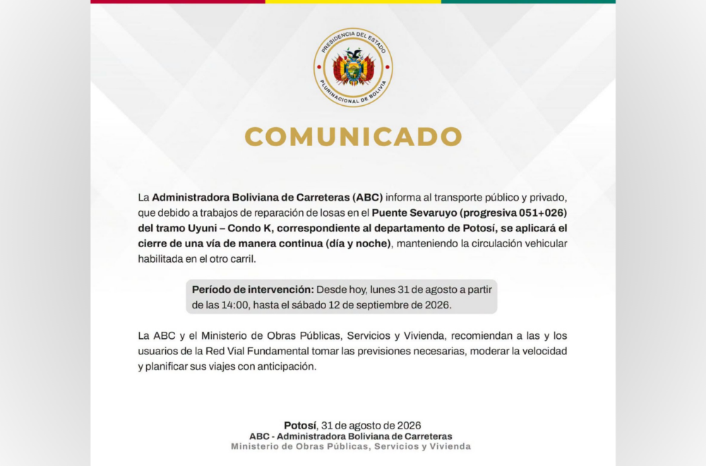 Cierre provisional en el tramo Uyuni – Condo K por reparaciones