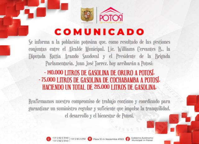Potosí recibirá importante cargamento de gasolina