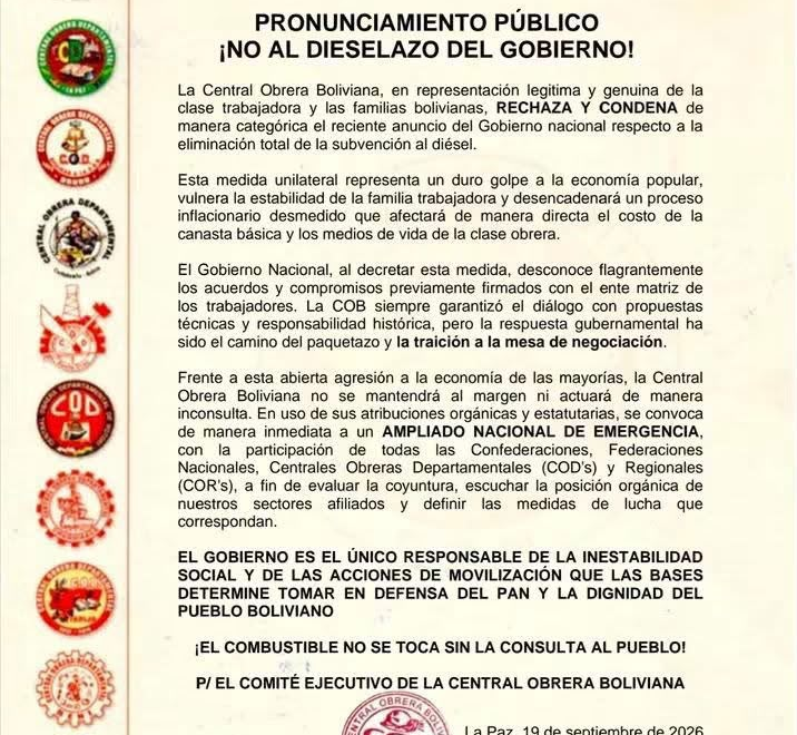 Rechazo generalizado al aumento del precio del diésel en Bolivia