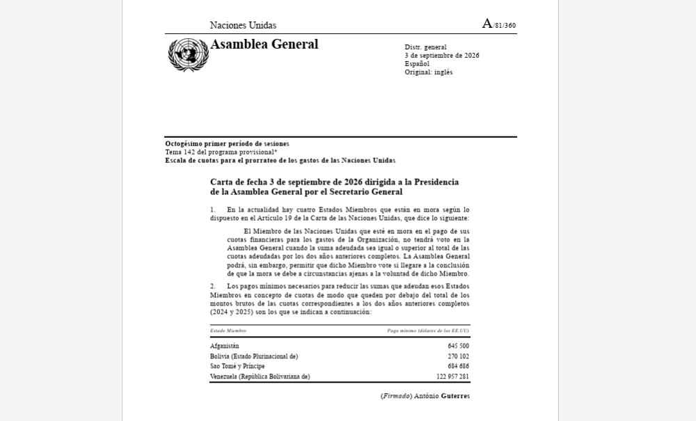 Bolivia pierde su derecho a voto en la ONU por deudas