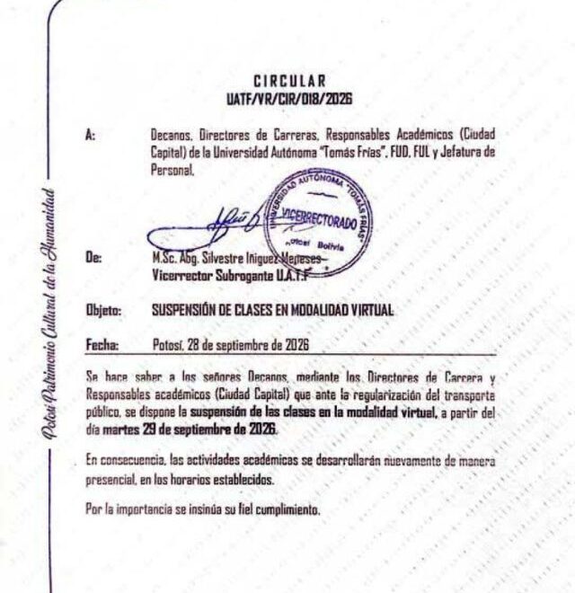 La UATF regresa a las clases presenciales desde el 29 de septiembre