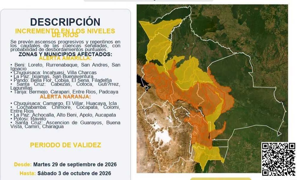 Alerta de Senamhi por crecidas de ríos en siete departamentos bolivianos