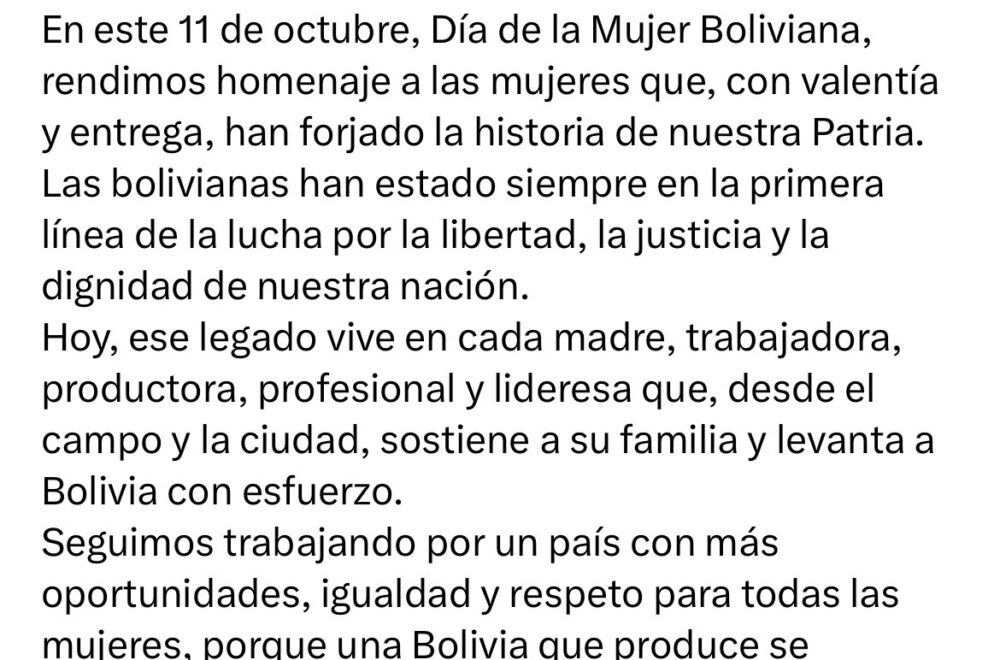 Paz rinde tributo a las mujeres bolivianas y reafirma su compromiso con la igualdad