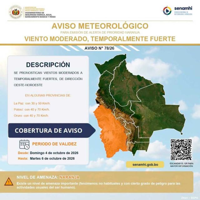 Cuatro municipios bolivianos en evaluación tras vientos de hasta 70 km/h